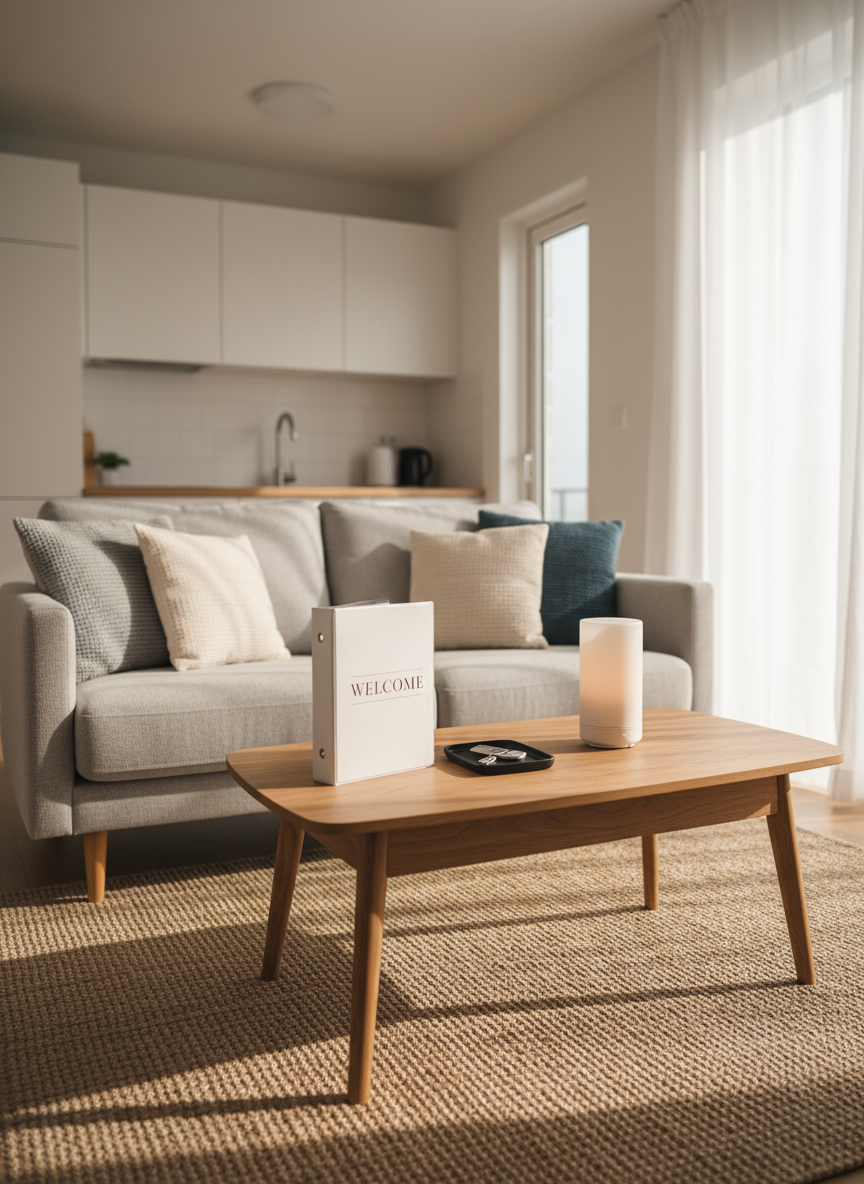 A meticulously styled, compact short-term rental living area featuring a low-profile light gray fabric sofa with textured throw pillows, a natural oak coffee table with rounded edges, and a woven jute rug underfoot. On the table, a neatly arranged welcome binder, a small tray with keyless entry fob, and a minimalist ceramic diffuser emit a subtle glow. The space sits beside a large floor-to-ceiling window with sheer white curtains, bathed in soft morning sunlight that casts gentle, elongated shadows. Captured at eye level with a slightly wide angle and shallow depth of field, the background reveals a blurred, tidy kitchenette. The photographic realism emphasizes a clean, modern, professional aesthetic that feels calm, inviting, and perfectly prepped for Airbnb guests.
