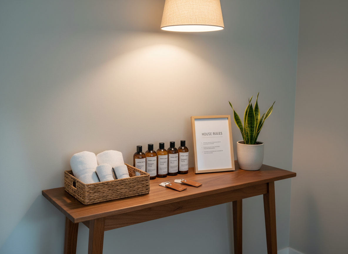 A thoughtfully assembled Airbnb welcome station on a narrow entryway console table made of warm walnut wood with a smooth satin finish, set against a soft greige wall. On the tabletop, a rectangular woven basket holds rolled white hand towels, travel-size toiletries in uniform amber bottles with simple labels, and a pair of neatly tagged keycards. Beside it, a framed minimalist house rules print leans against the wall, and a small, low-maintenance potted snake plant adds greenery. An overhead pendant with a linen shade provides warm, even lighting that creates soft shadows beneath the objects, while subtle ambient light hints at a nearby window. Photographed from a slightly elevated, three-quarter angle with moderate depth of field, the image feels welcoming, organized, and professionally curated for an elevated guest arrival experience.