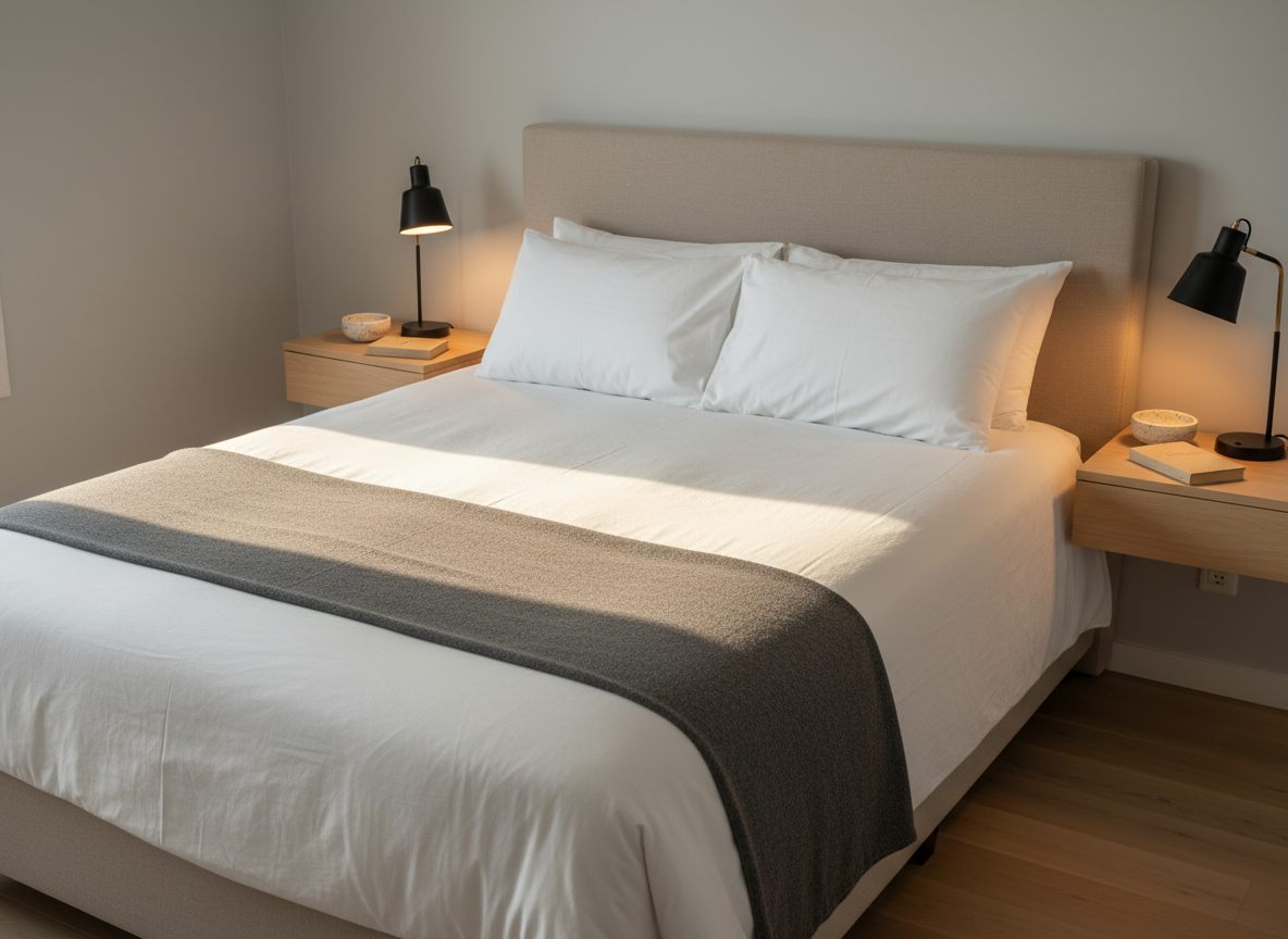 A queen-sized short-term rental bed perfectly made with crisp white cotton sheets, a lightly textured duvet, and a neatly folded, hotel-style charcoal gray throw blanket at the foot. Two medium-height pillows in matching white shams sit against a padded beige fabric headboard, framed by floating light wood nightstands. Each nightstand holds a small, dimmable black metal bedside lamp, a ceramic catch-all tray, and a single neutral-toned book. Warm golden hour light spills through an off-frame window, grazing the bedding and creating soft, inviting highlights and gentle shadows. Captured from a slightly elevated corner angle with a moderate depth of field, the composition feels balanced and professional, emphasizing comfort, cleanliness, and a premium Airbnb sleep experience in a clean, modern, photographic style.