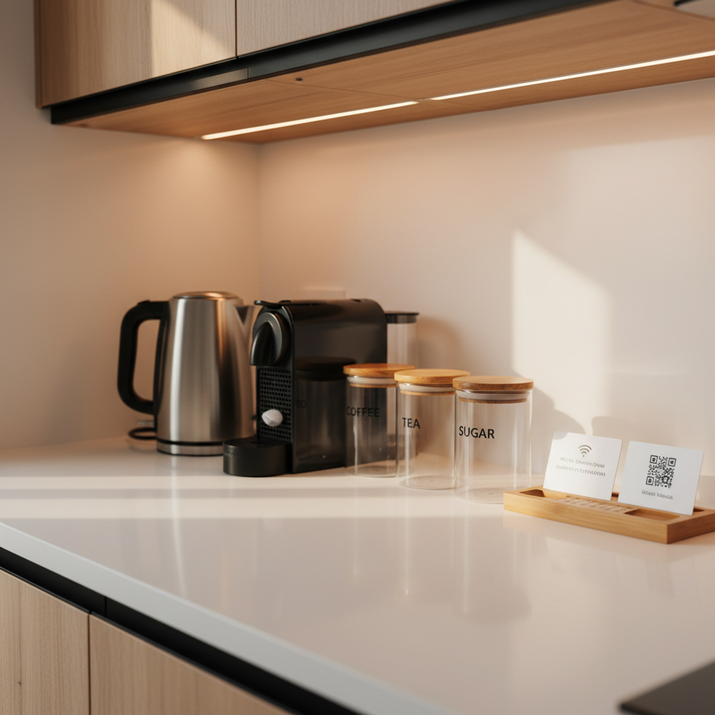 An impeccably organized short-term rental kitchen countertop in photographic realism, featuring a matte white quartz surface with a neatly arranged curated collection of host essentials: a stainless-steel electric kettle, a sleek black coffee pod machine, a labeled clear glass canister set with coffee, tea, and sugar, and a bamboo tray holding a laminated Wi-Fi card and QR code for the house manual. Under-cabinet warm LED lighting creates soft pools of light and subtle reflections on the stainless steel, while indirect afternoon daylight filters through an unseen window. Shot from a slightly elevated three-quarter angle using the rule of thirds, the background shows blurred subway tile backsplash and light wood cabinets, evoking a professional, well-equipped, guest-ready atmosphere.