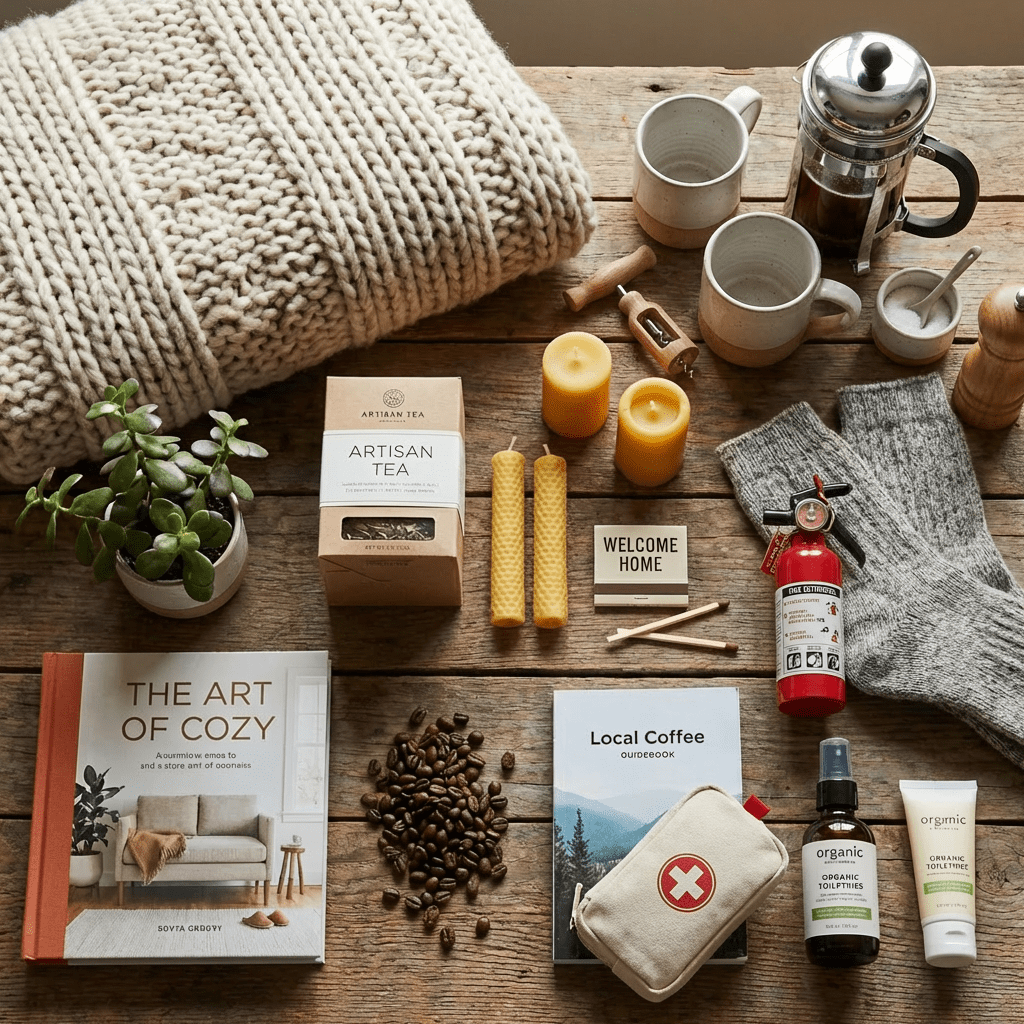 Flat lay of cozy items including books 'The Art of Cozy' and 'Local Coffee' on wood.